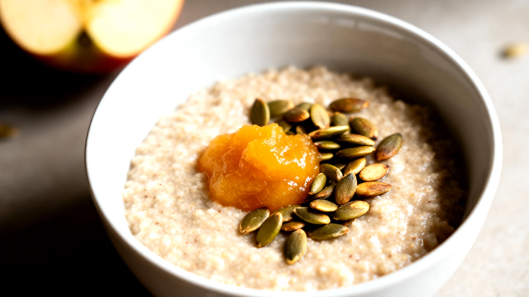 Amaranth-Porridge mit gerösteten Kürbiskernen und Apfelmus"