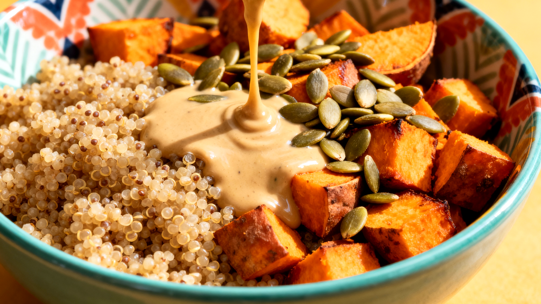 Amaranth-Süßkartoffel-Bowl mit gerösteten Kürbiskernen und Tahini-Dressing"
