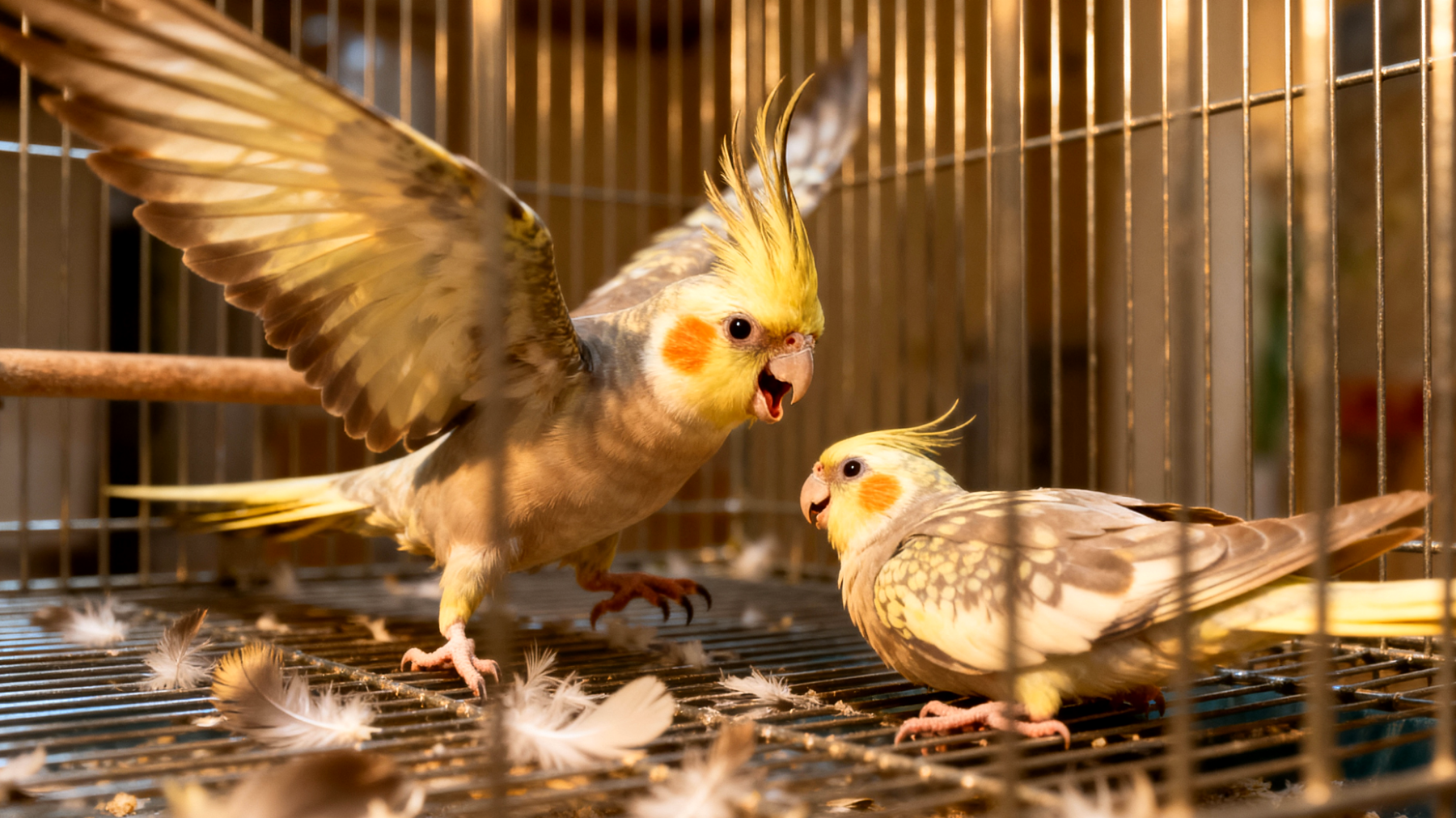 Nymphensittiche zeigen aggressive Verhaltensweisen gegenüber anderen Haustiervögeln im gemeinsamen Käfig oder Raum, einschließlich Beißen, Federrupfen oder territoriales Verhalten, was zu Stress und Verletzungen bei den beteiligten Tieren führt"