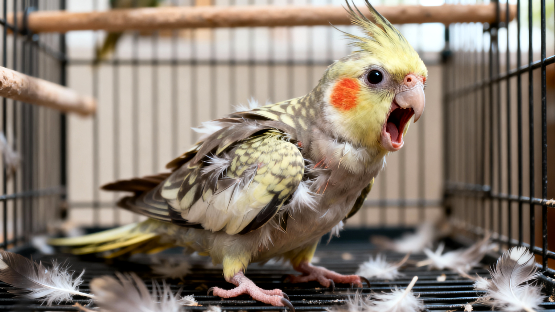 Ein junger Nymphensittich zeigt Verhaltensauffälligkeiten wie übermäßiges Schreien, Federrupfen oder Aggression, die durch mangelnde Sozialisierung, Stress oder ungeeignete Haltungsbedingungen in der kritischen Entwicklungsphase entstehen können"