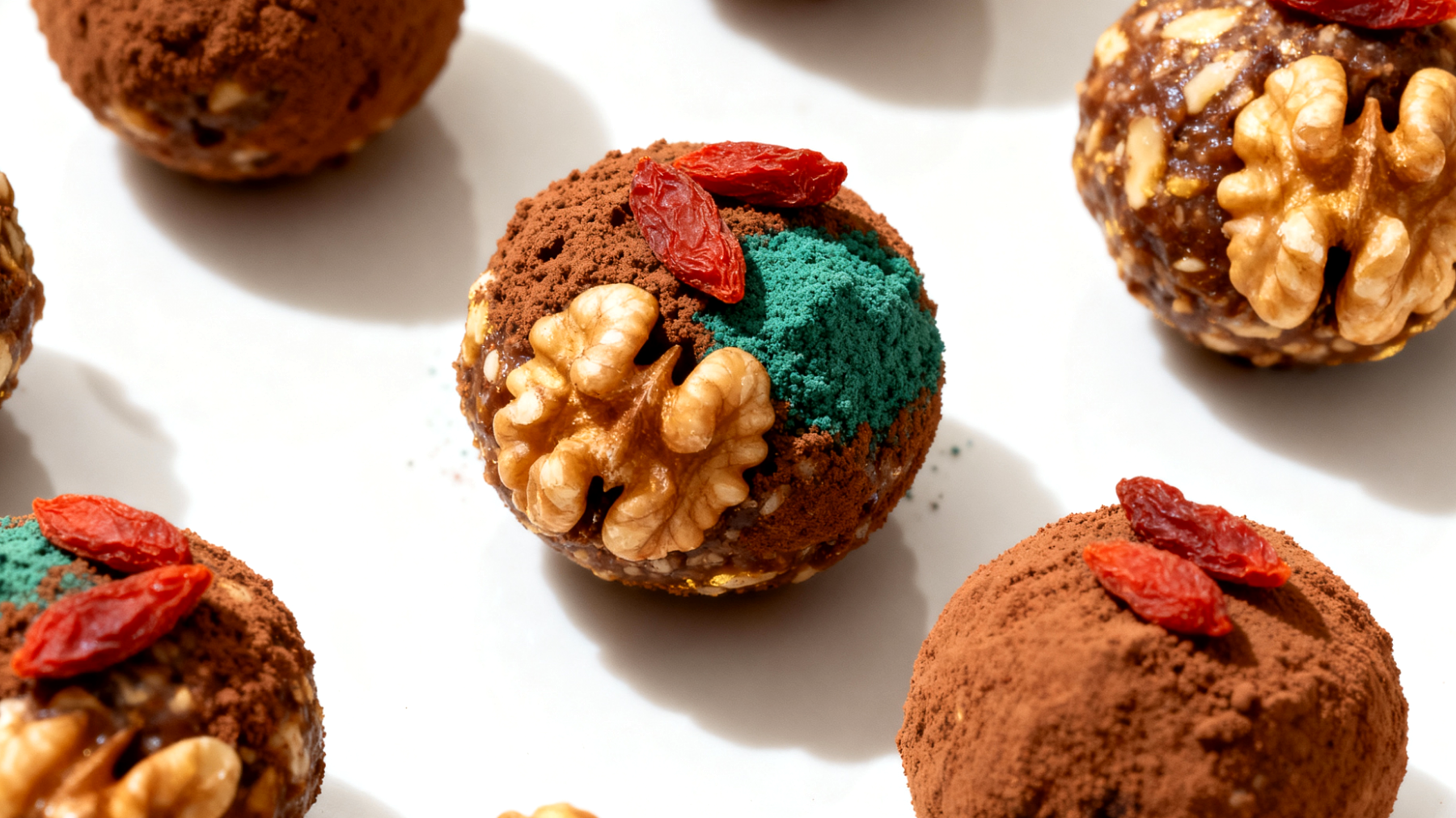 Walnuss-Kakao-Energiekugeln mit Goji-Beeren und Spirulina"